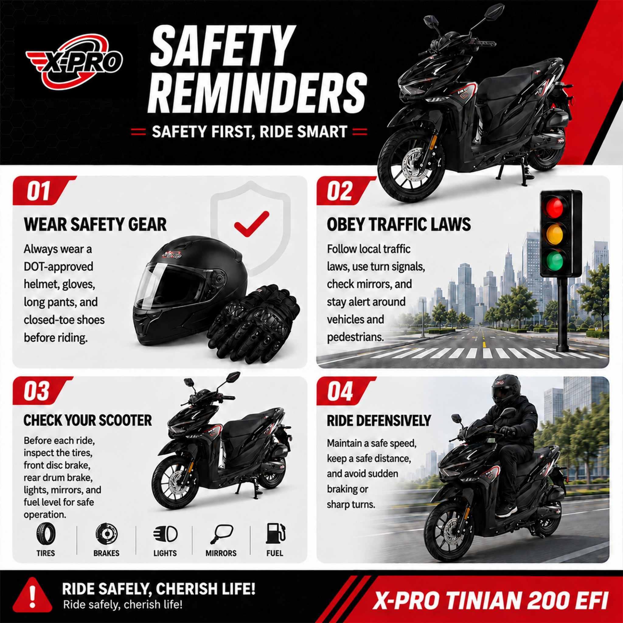 Free Shipping! X-PRO Tinian 200 EFI Electronic Fuel Injection Scooter with CVT Transmission, 14" Alloy Wheels, LED Headlights! - Image 11