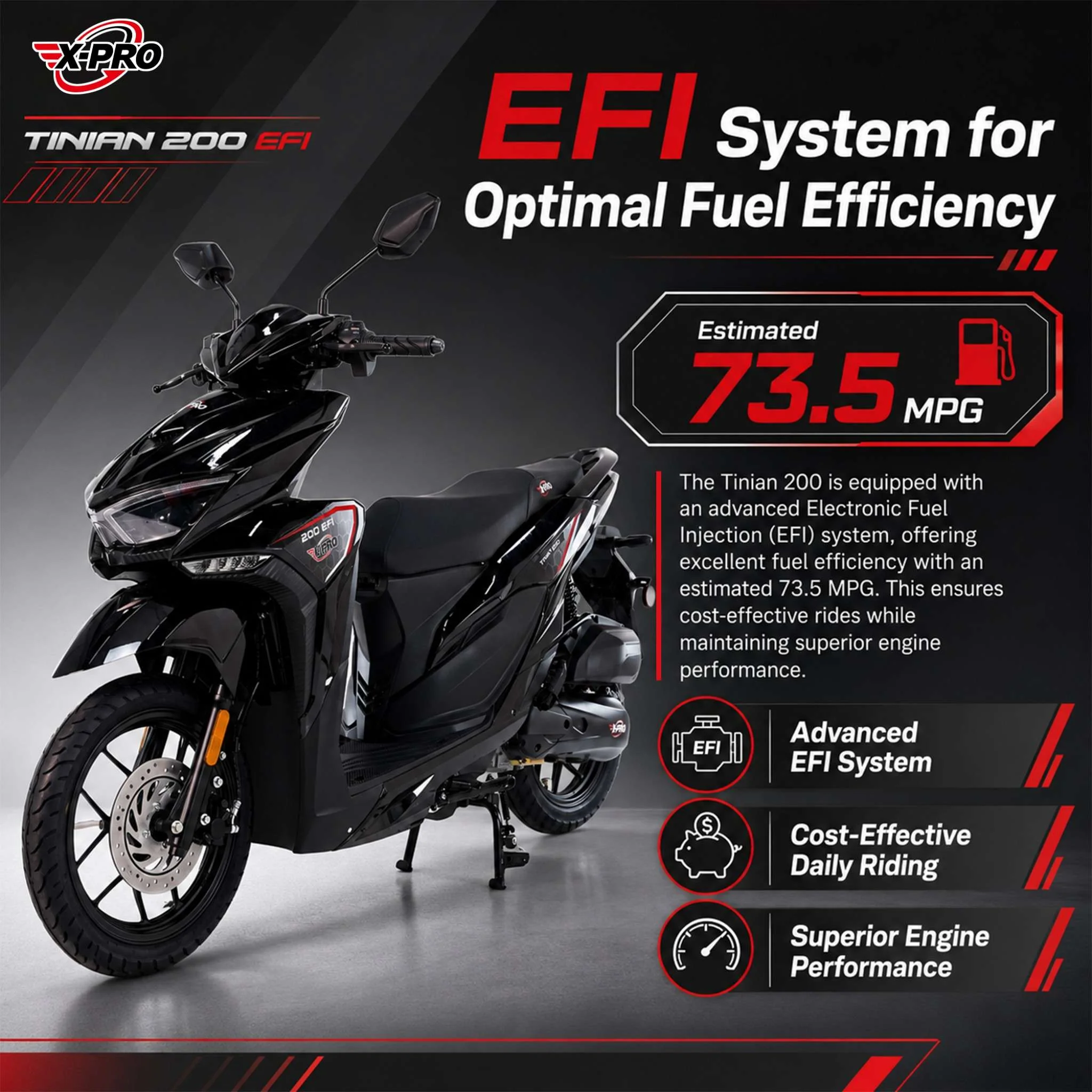 Free Shipping! X-PRO Tinian 200 EFI Electronic Fuel Injection Scooter with CVT Transmission, 14" Alloy Wheels, LED Headlights! - Image 4