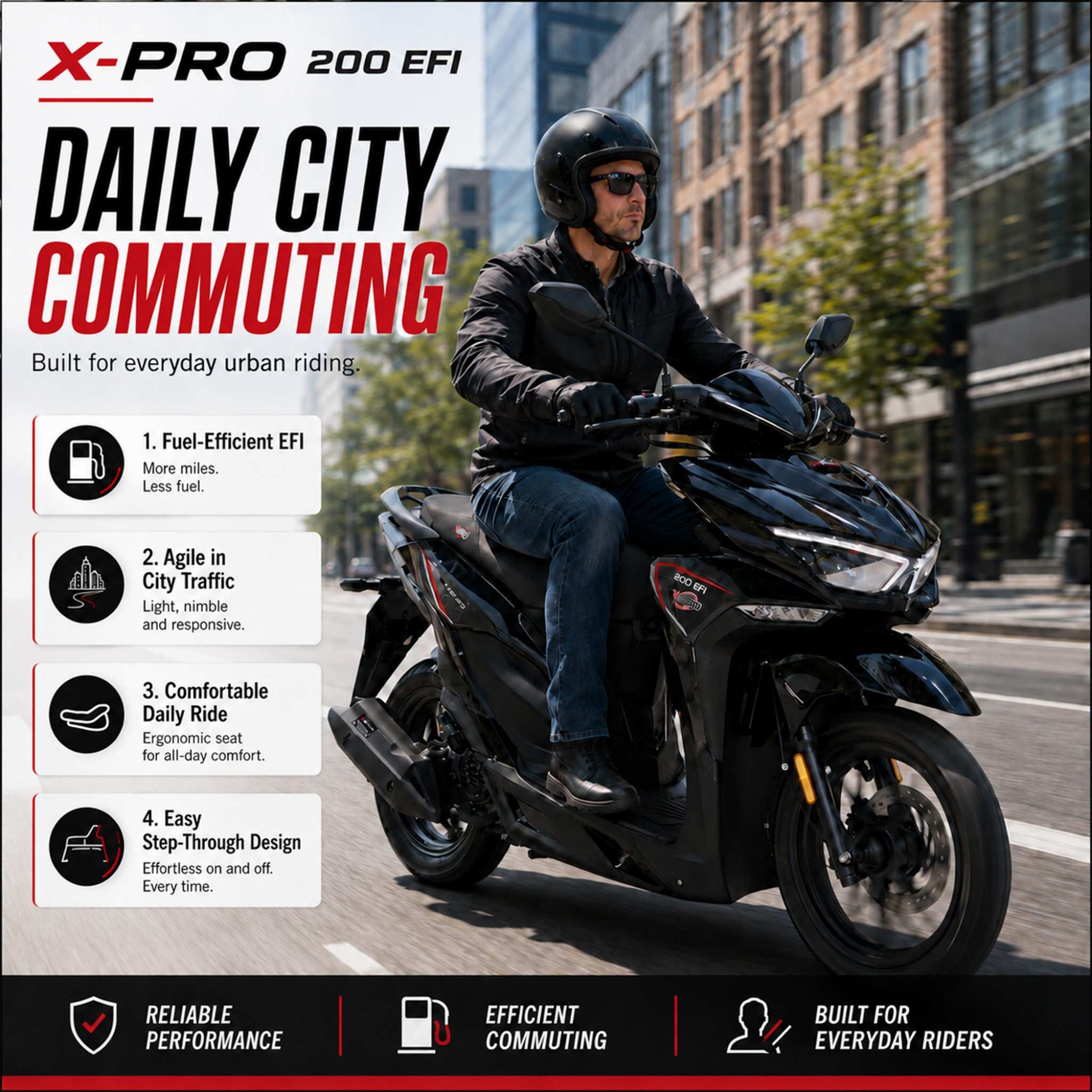 Free Shipping! X-PRO Tinian 200 EFI Electronic Fuel Injection Scooter with CVT Transmission, 14" Alloy Wheels, LED Headlights! - Image 6
