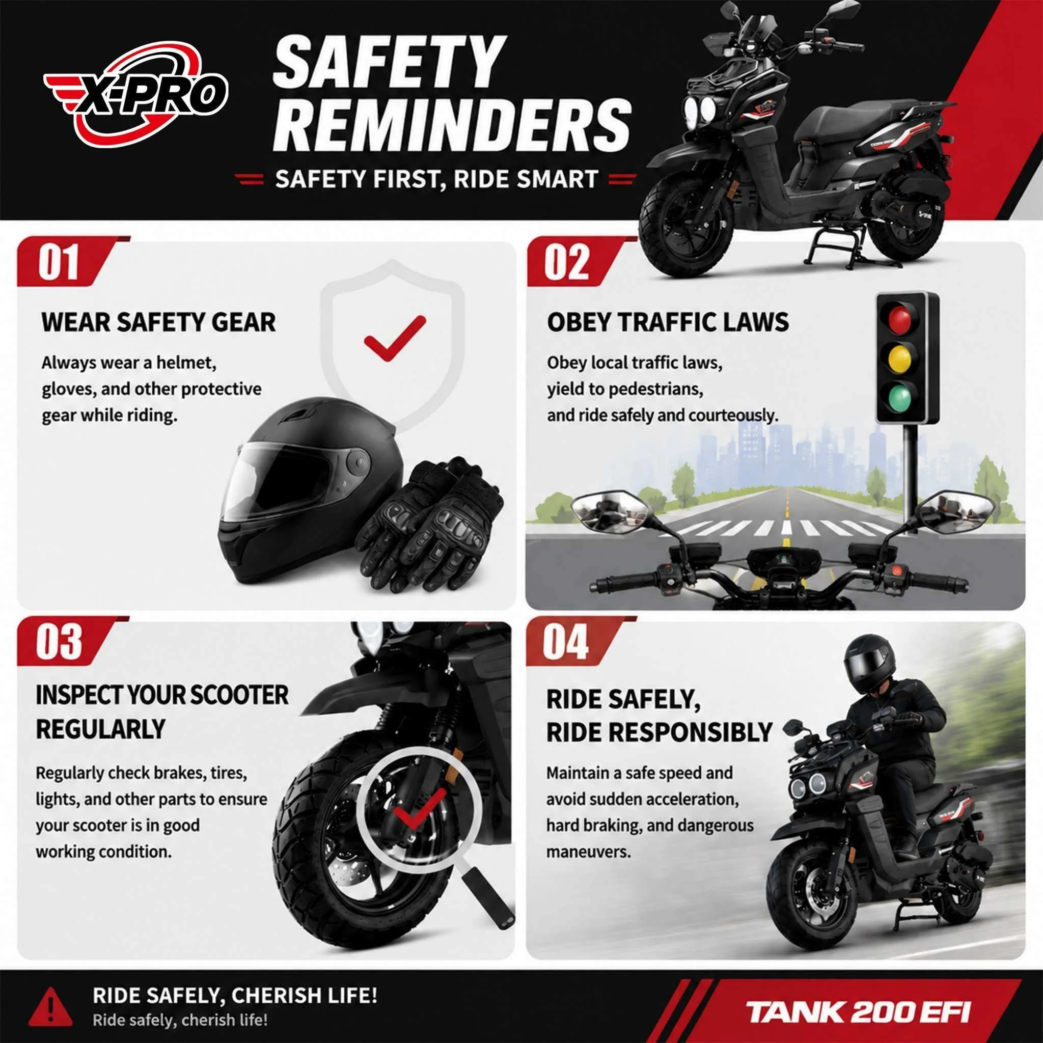 Free Shipping! X-PRO Tank 200 Moped Scooter with 12" Aluminum Wheels! Electric/Kick Start, LED Lights! - Image 11