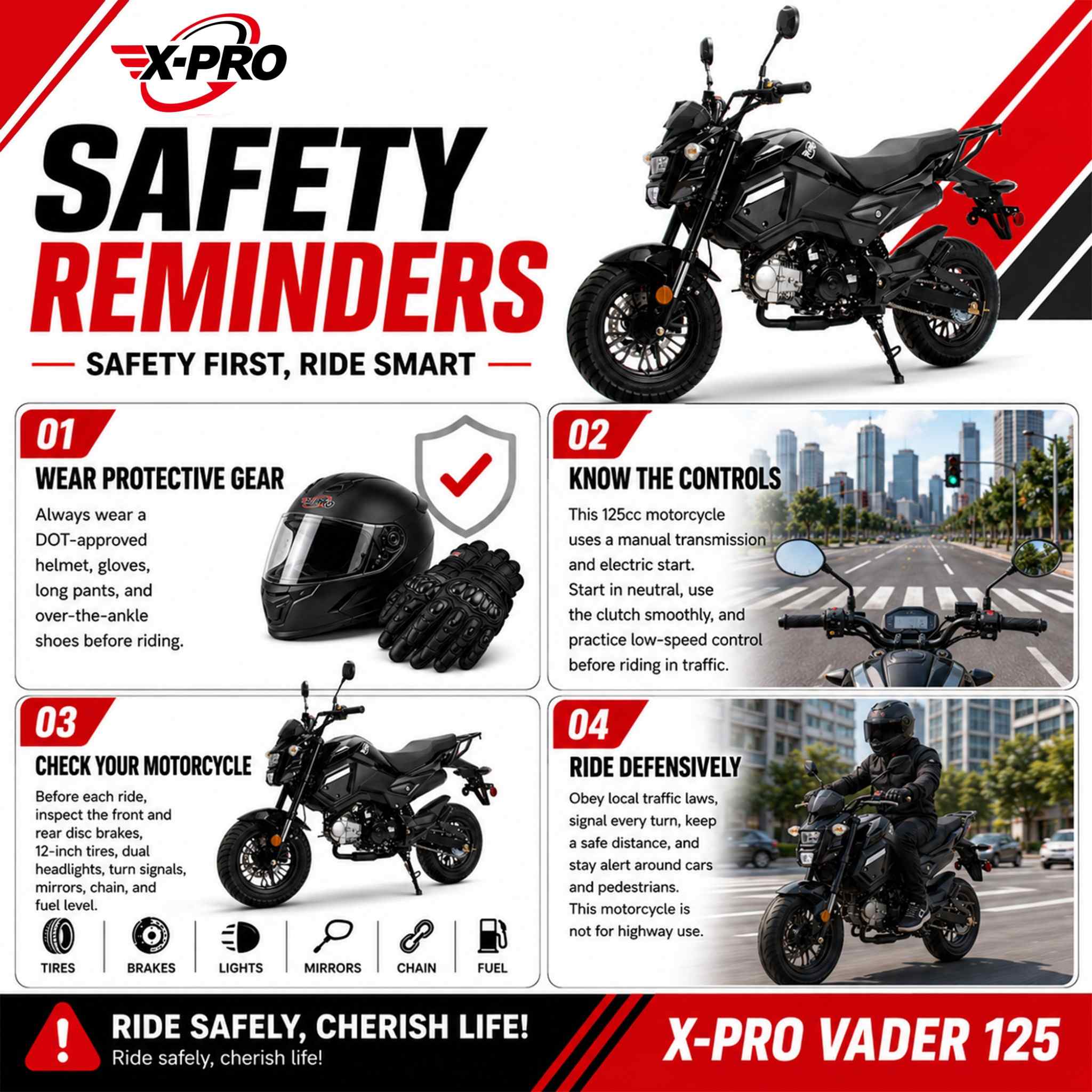 Free shipping! X-PRO 125cc Vader Motorcycle with Manual Transmission, Electric Start! Dual Headlights! Big 12in Wheels! - Image 11