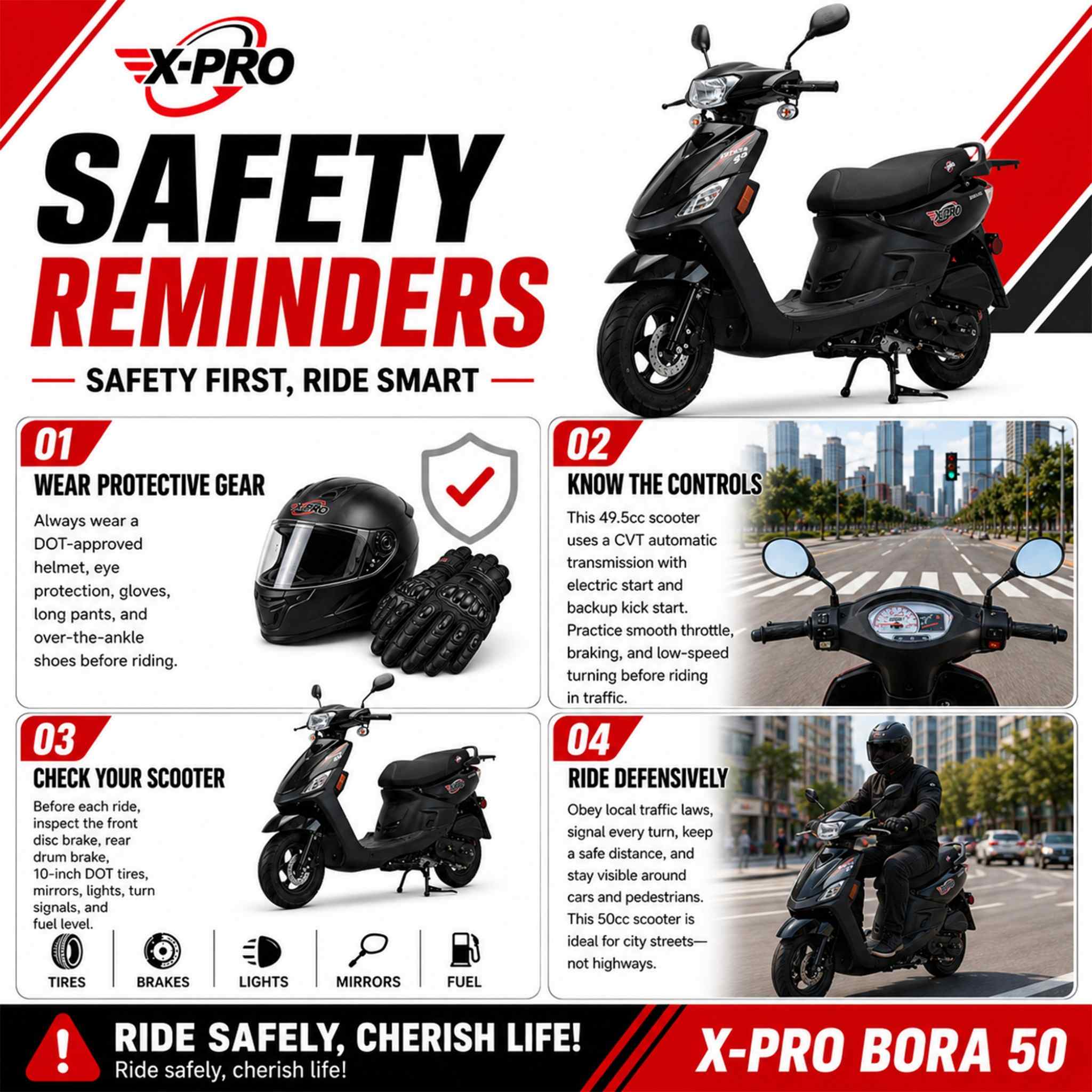 Free Shipping! X-PRO Bora 50cc Moped Scooter with 10" Aluminum Wheels, Electric/Kick Start! - Image 11
