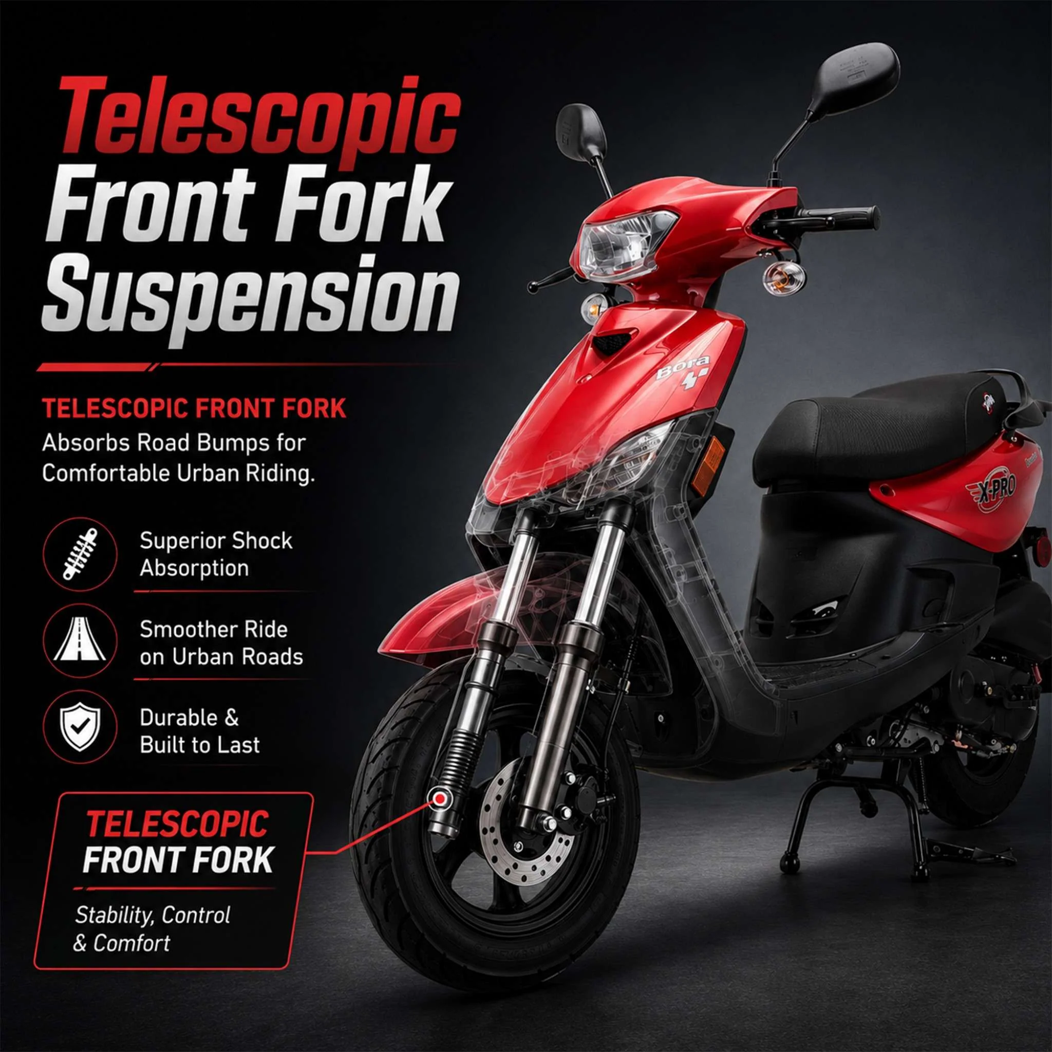 Free Shipping! X-PRO Bora 50cc Moped Scooter with 10" Aluminum Wheels, Electric/Kick Start! - Image 4