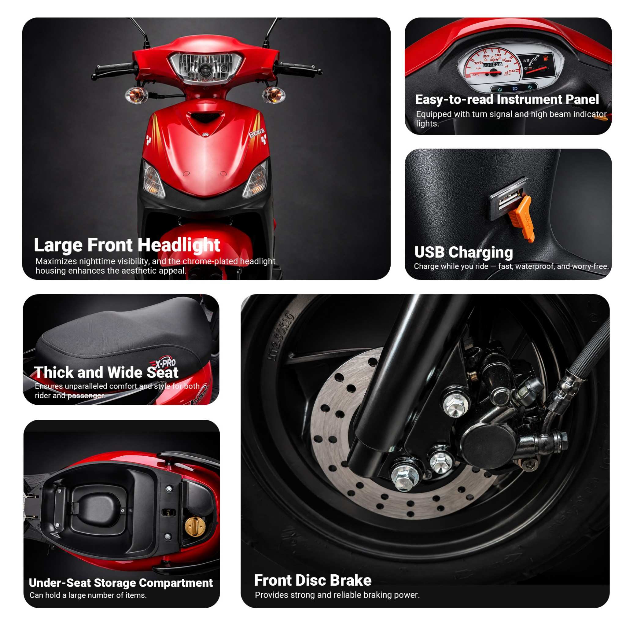 Free Shipping! X-PRO Bora 50cc Moped Scooter with 10" Aluminum Wheels, Electric/Kick Start! - Image 5