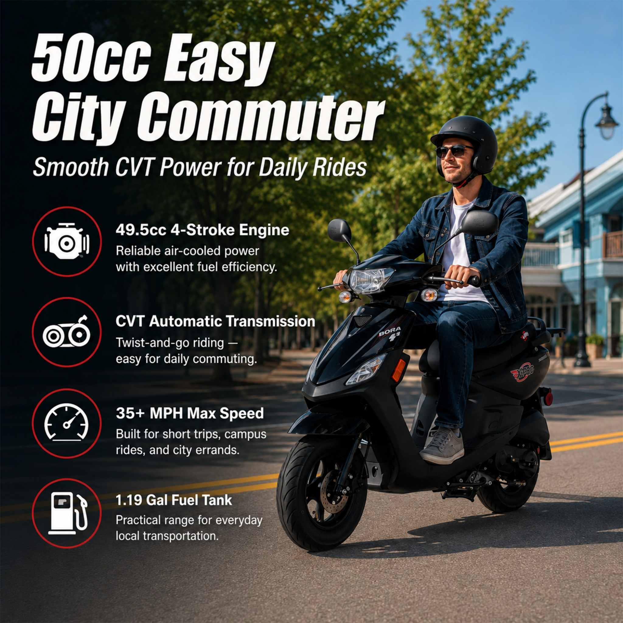 Free Shipping! X-PRO Bora 50cc Moped Scooter with 10" Aluminum Wheels, Electric/Kick Start! - Image 7