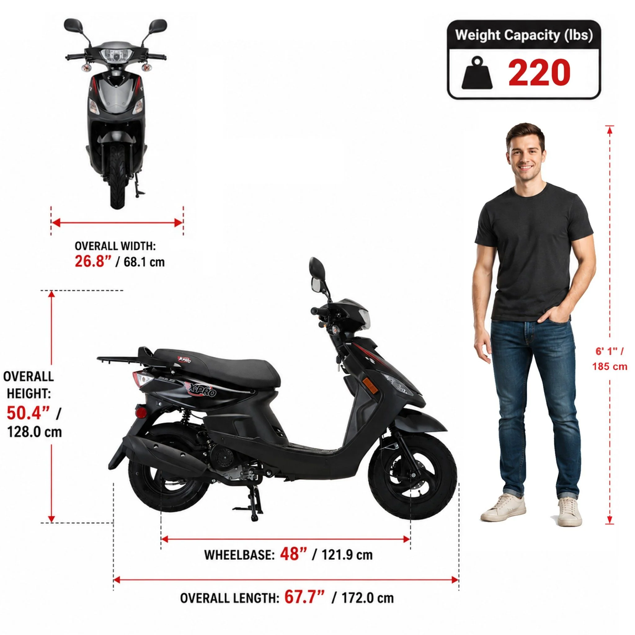 Free Shipping! X-PRO Bora 50cc Moped Scooter with 10" Aluminum Wheels, Electric/Kick Start! - Image 8