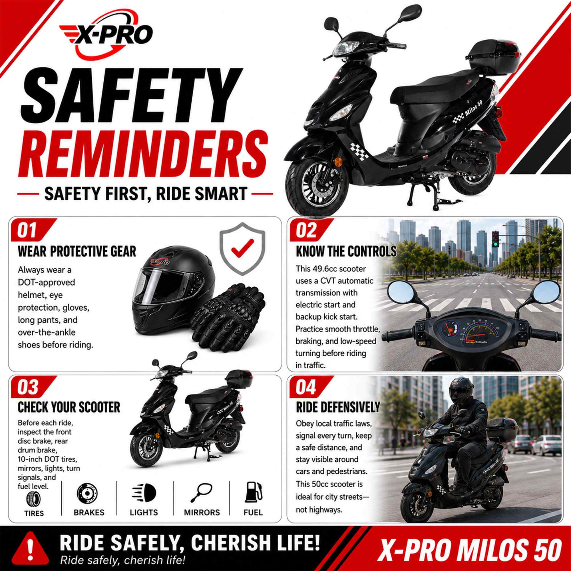 Free Shipping! X-PRO Milos 50cc Moped Scooter with 10in Aluminum Wheels, Rear Trunk, Electric/Kick Start! Large LED Headlight! - Image 11