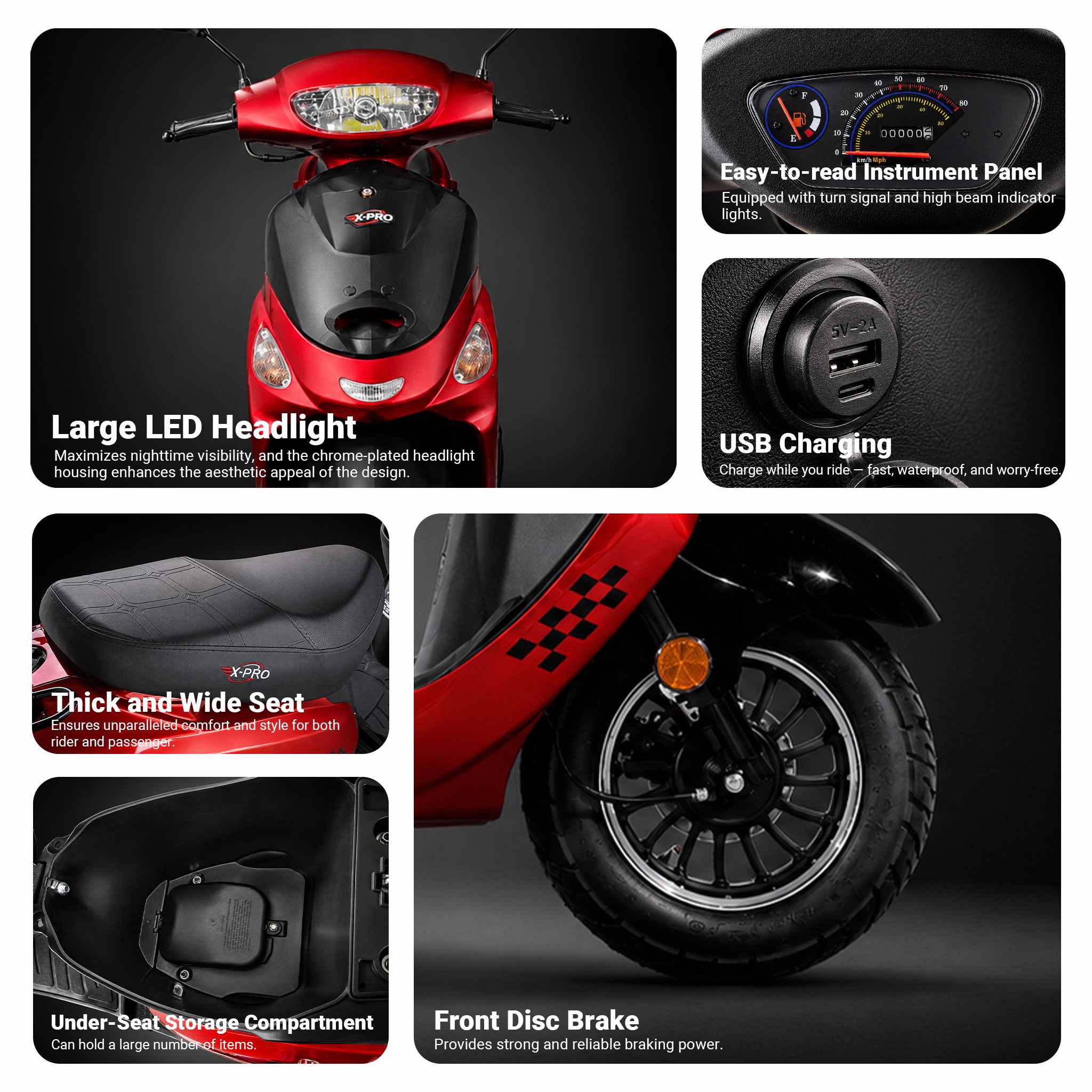 Free Shipping! X-PRO Milos 50cc Moped Scooter with 10in Aluminum Wheels, Rear Trunk, Electric/Kick Start! Large LED Headlight! - Image 5