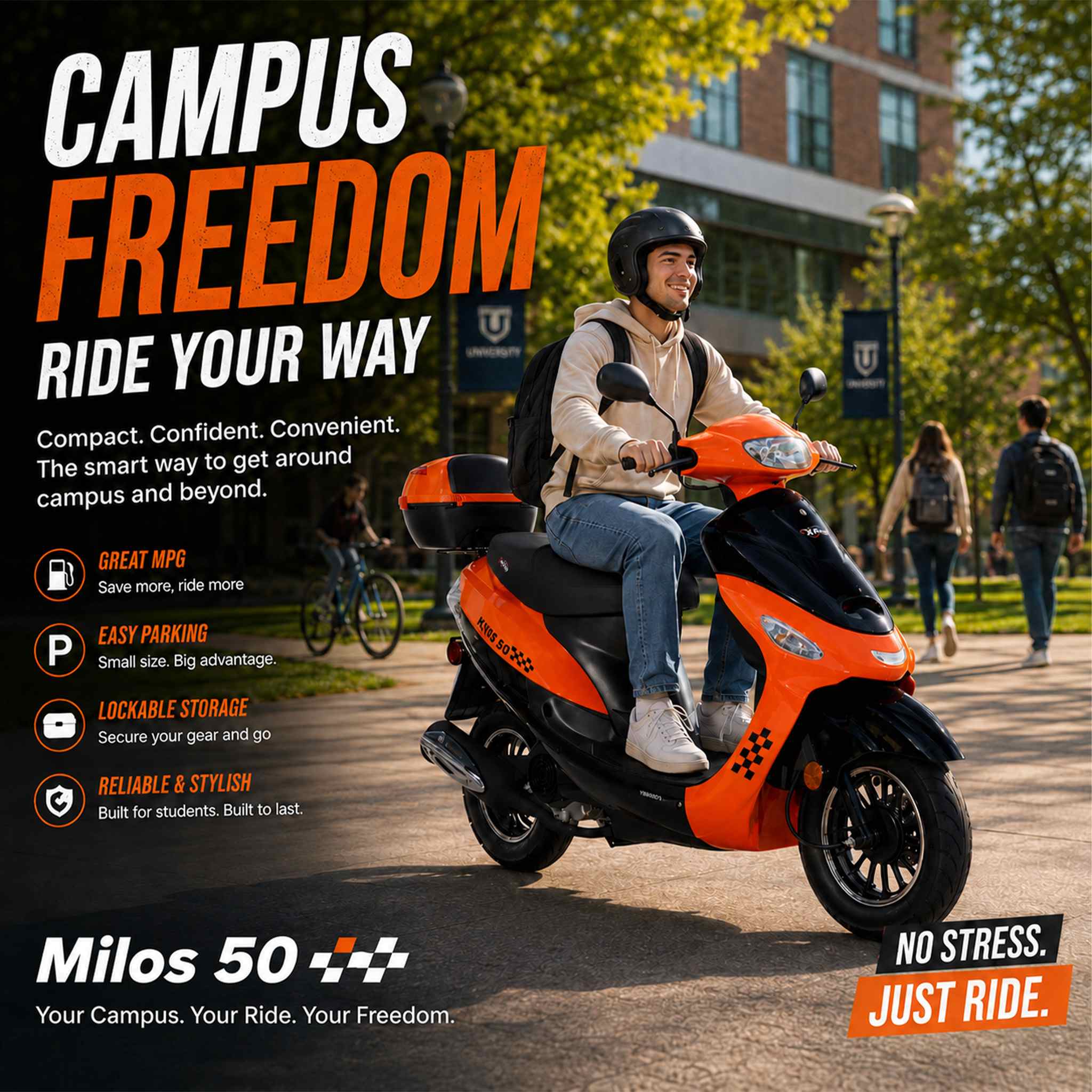 Free Shipping! X-PRO Milos 50cc Moped Scooter with 10in Aluminum Wheels, Rear Trunk, Electric/Kick Start! Large LED Headlight! - Image 7