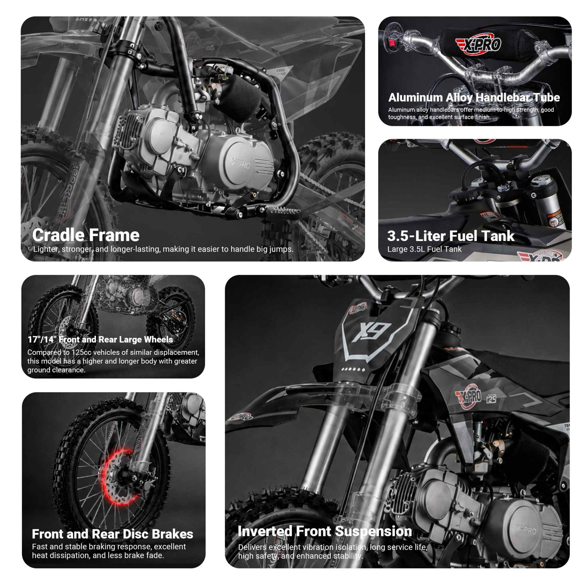 Free Shipping! X-PRO X9 125cc Dirt Bike with 4-Speed Manual Transmission, Kick Start, Big 17in/14in Tires! Zongshen Brand Engine! - Image 10