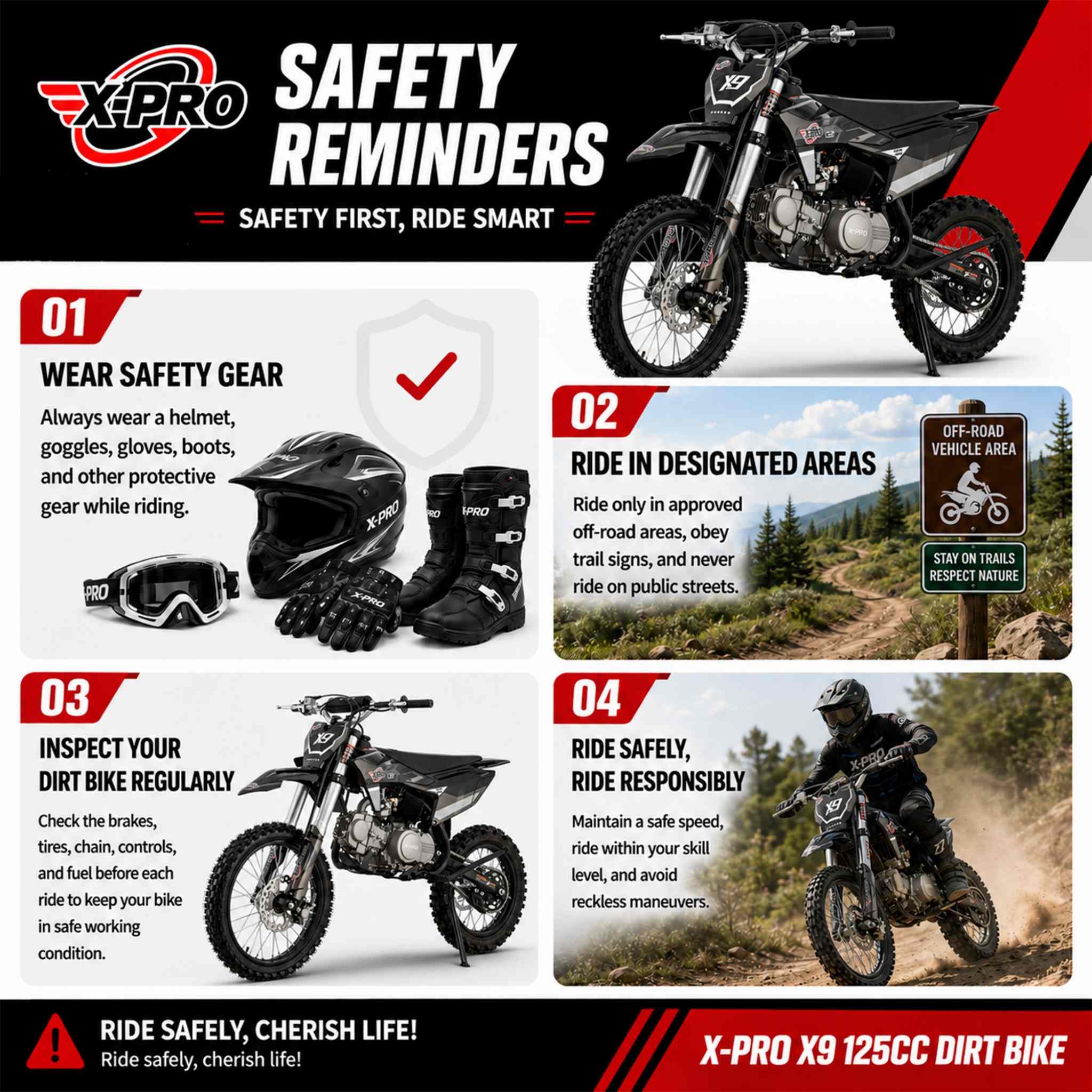 Free Shipping! X-PRO X9 125cc Dirt Bike with 4-Speed Manual Transmission, Kick Start, Big 17in/14in Tires! Zongshen Brand Engine! - Image 11