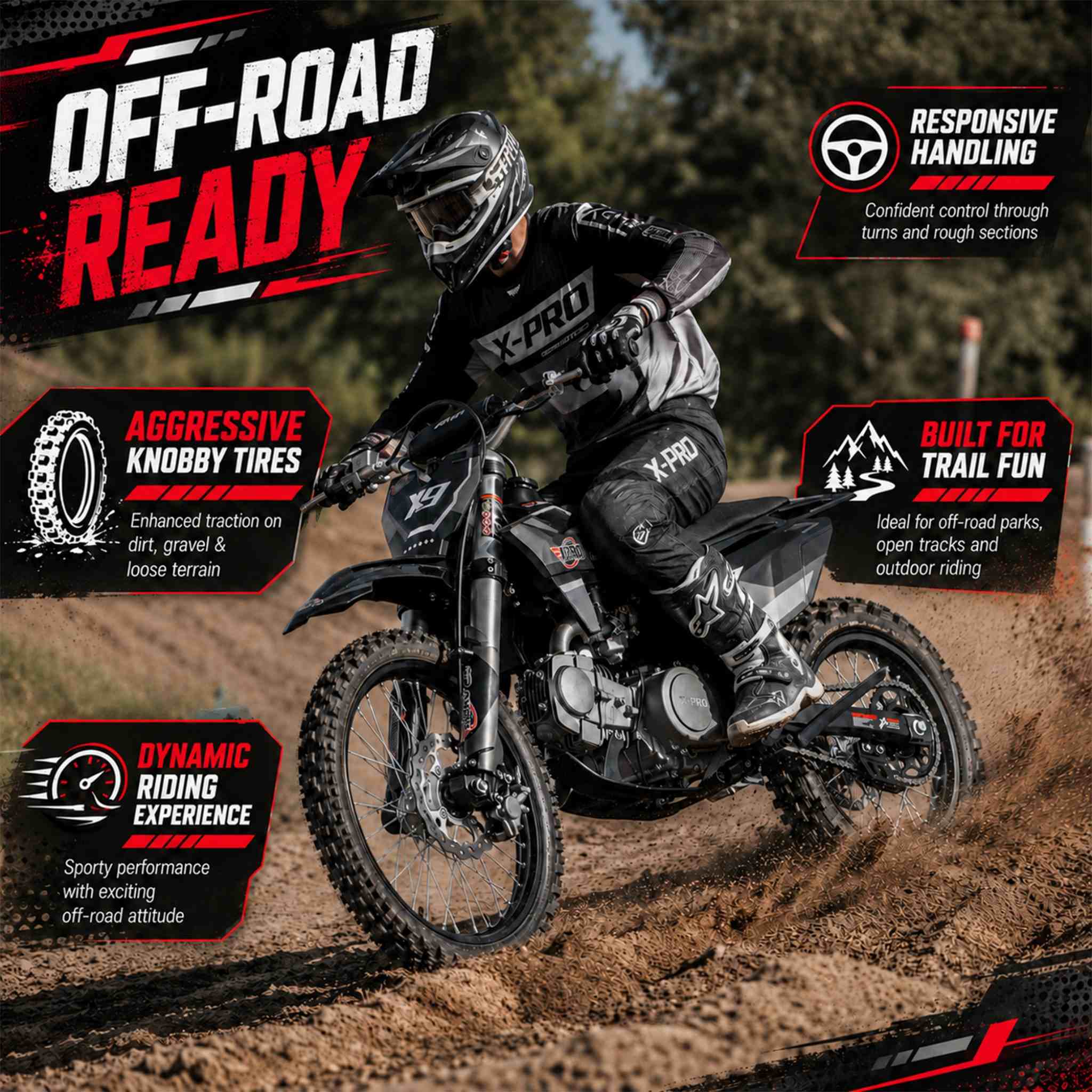 Free Shipping! X-PRO X9 125cc Dirt Bike with 4-Speed Manual Transmission, Kick Start, Big 17in/14in Tires! Zongshen Brand Engine! - Image 5
