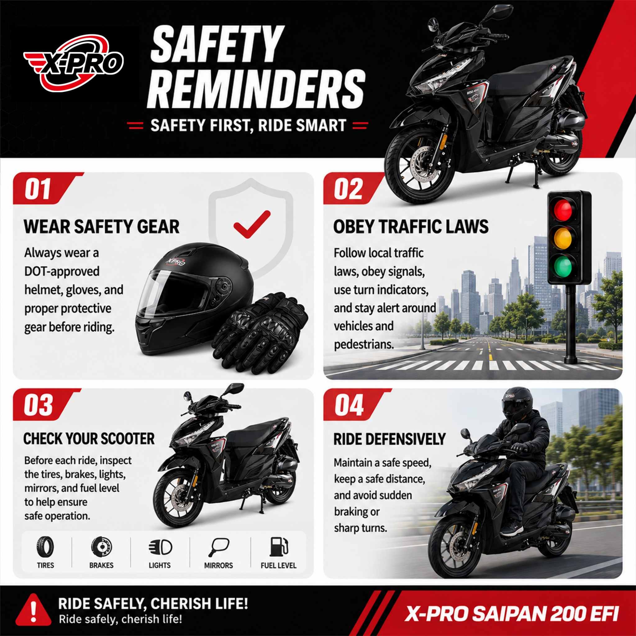 Free Shipping! X-PRO Saipan 200 EFI Electronic Fuel Injection Scooter with CVT Transmission, 14" Alloy Wheels, LED Headlights! - Image 11