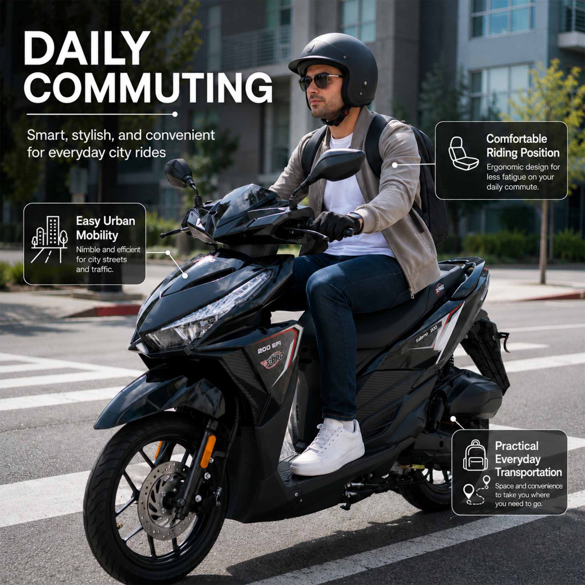 Free Shipping! X-PRO Saipan 200 EFI Electronic Fuel Injection Scooter with CVT Transmission, 14" Alloy Wheels, LED Headlights! - Image 6